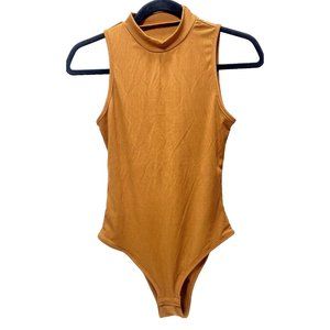 Rust Orange Turtleneck Bodysuit, Sleeveless One Piece, Orange/Brown, Size Medium